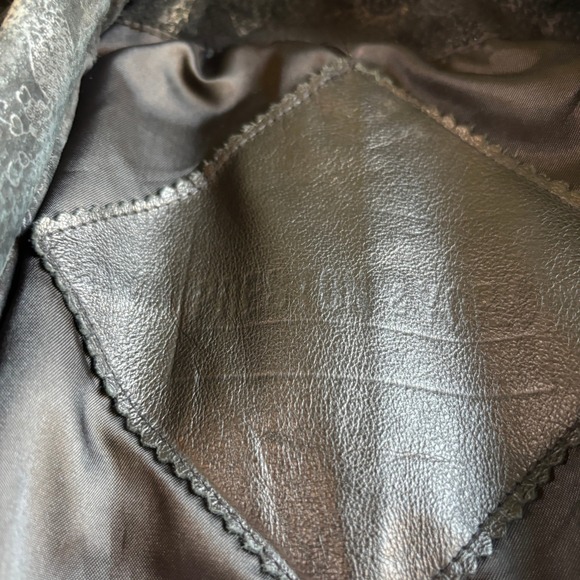 Vintage Leather Suede Coat Women's Duster Jacket Long Black Floral Pattern - Picture 3 of 14